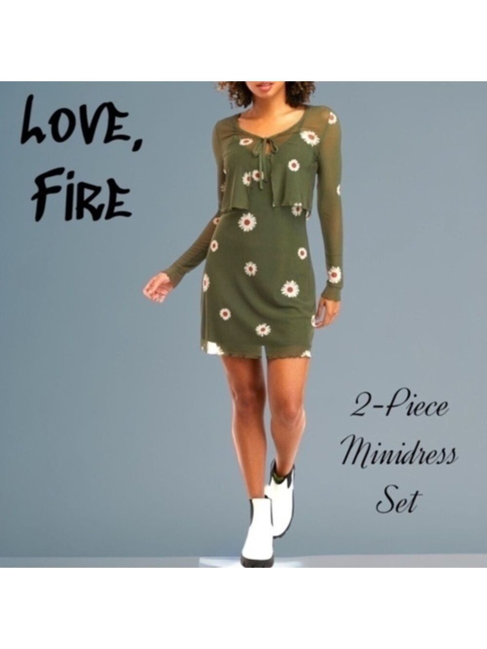 LOVE, FIRE Jr’s 2-Piece Olive Green Daisy Print A-Line Mesh Dress w/Cardigan-NWT
